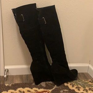 Nine West black suede knee high wedge boots SZ 10